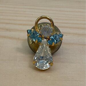 Angel Shaped Gold Tone Pin With Clear & Blue Rhinestones